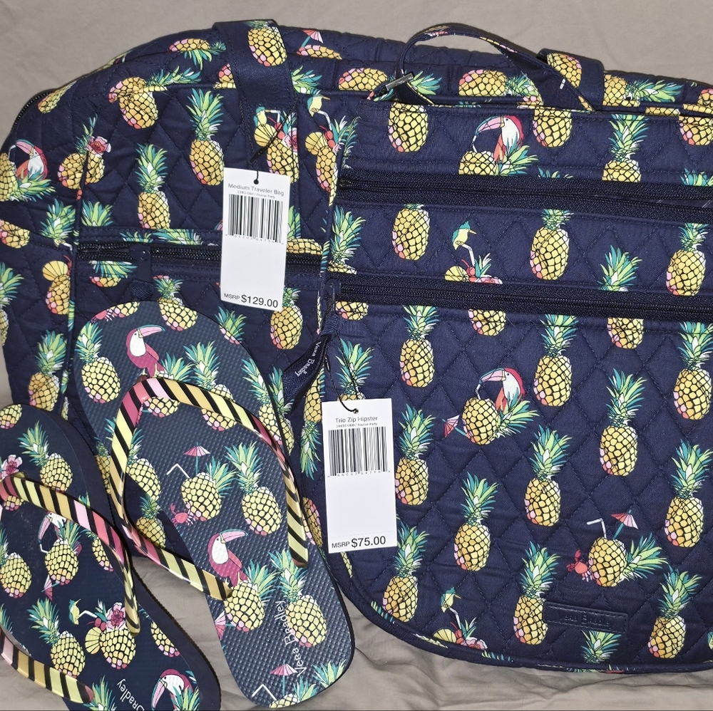 3 Pc Vera Bradley Dark Blue Pineapple Travel Bag, Shoulder Bag, And Flip Flops